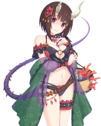 1girl bare_shoulders basket bikini black_bikini black_collar breasts brown_hair cleavage closed_mouth collar collarbone coral cowboy_shot eriko_(princess_connect!) eriko_(summer)_(princess_connect!) floral_print flower groin hagoromo hair_flower hair_ornament heart heart_necklace holding holding_basket holding_test_tube horns jewelry looking_at_viewer navel necklace official_art princess_connect! purple_eyes purple_tail shawl short_hair swimsuit tachi-e tail test_tube thigh_strap transparent_background white_background