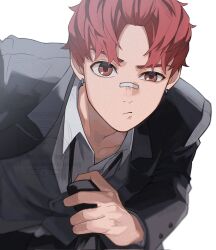 Rule 34 | 1boy, alternate costume, black necktie, black suit, closed mouth, collared shirt, commentary request, corrupted twitter file, dandadan, earrings, enjoji jin, formal clothes, highres, jacket, jewelry, korean commentary, long sleeves, looking at viewer, male focus, necktie, red hair, shirt, short hair, simple background, solo, suit, suit jacket, white background, white shirt, wolf6481