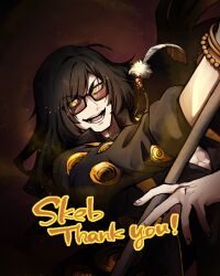 1boy black_coat black_hair bracelet coat commission e.g.o_(project_moon) employee_(project_moon) eyeball feathers highres jewelry lamp_(e.g.o) lobotomy_corporation long_hair long_sleeves looking_at_viewer necklace nugget_(project_moon) open_mouth original project_moon sidelocks skeb_commission smile solo sunglasses yatsumeunagi yellow_eyes