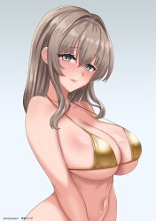 1girl absurdres aqua_eyes artist_name bikini breasts brown_hair cleavage closed_mouth collarbone commentary_request gold_bikini hair_between_eyes hair_intakes highres kenja_panda large_breasts long_hair looking_at_viewer mature_female navel original simple_background smile stomach swimsuit twitter_username underboob upper_body watermark white_background