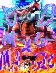 binary black_hair cannon chaosdramon crossover digimon digimon_(creature) digivice fire goggles looking_at_viewer lunella_lafayette marvel moon_girl_and_devil_dinosaur open_mouth resting_knight robot sharp_teeth smile teeth wireframe
