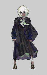 Rule 34 | 1girl, absurdres, antenna hair, bandaged fingers, bandaged leg, bandaged neck, bandages, bandaid, bandaid on cheek, bandaid on face, black eyes, black jacket, black sailor collar, black serafuku, black shirt, black skirt, brown shoes, closed mouth, commentary, commission, dark-skinned female, dark skin, english commentary, expressionless, full body, grey background, grey eyes, hair between eyes, heterochromia, high-waist skirt, highres, hood, hood down, hooded jacket, jacket, ko-fi commission, loafers, long skirt, long sleeves, midriff peek, neckerchief, open clothes, open jacket, original, pleated skirt, puffy long sleeves, puffy sleeves, sailor collar, school uniform, serafuku, shirt, shoes, short hair, simple background, skirt, sleeves past wrists, solo, somersaultdropkick, standing, white hair, white neckerchief