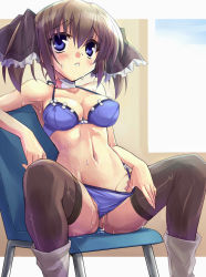 00s 1girl bad_id bad_pixiv_id bikini bikini_pull black_thighhighs blue_eyes blush boots breasts brown_hair chair choker cleavage clothes_pull eeeeee female_focus groin navel pulling_own_clothes purple_bikini pussy_juice seitokai_no_ichizon shiina_minatsu solo sweat swimsuit thighhighs twintails