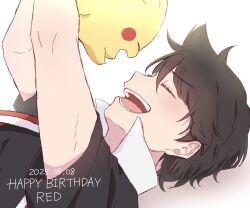 Rule 34 | 1boy, :d, character name, closed eyes, commentary request, dated, from side, gen 1 pokemon, happy, happy birthday, highres, male focus, nintendo, open mouth, pikachu, pokemon, pokemon (creature), pokemon adventures, popped collar, red (pokemon), shirt, short hair, short sleeves, smile, tongue, tsukimi (tkm 516)