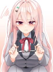 Rule 34 | &gt;:(, 1girl, black-framed eyewear, blush, bow, bowtie, closed mouth, collared shirt, commentary, eyelashes, eyes visible through hair, frown, glaring, glasses, gradient background, grey jacket, grey skirt, hair between eyes, hair ornament, hairclip, harumi ena, highres, holding, holding removed eyewear, jacket, leaning forward, limelight lemonade jam, long hair, long sleeves, looking at viewer, neck ribbon, outline, parallel hairclips, pink background, pink hair, red bow, red bowtie, red eyes, red ribbon, ribbon, school uniform, shirt, sidelocks, silver116, simple background, skirt, solo, squiggle, straight-on, straight hair, tsurime, unworn eyewear, v-shaped eyebrows, very long hair, white outline, white shirt