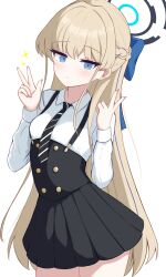 1girl :&lt; alternate_costume black_halo black_skirt blonde_hair blue_archive blue_eyes braid buttons commentary_request cowboy_shot double-breasted double_v half_up_braid halo highres io9 long_hair looking_at_viewer pleated_skirt shirt simple_background skirt solo sparkle suspender_skirt suspenders toki_(blue_archive) v very_long_hair white_background white_shirt