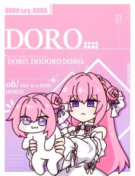 1girl bow closed_mouth concha_(mamecha) doro_(nikke) dorothy_(nikke) dress goddess_of_victory:_nikke highres pink_hair purple_eyes solo white_dress