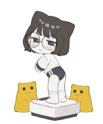 1girl animal_ears black_eyes blobcat blue_buruma blush borrowed_character brown_hair buruma cat_ears chibi glasses gym_shirt gym_uniform highres mole mole_under_eye original possi_onanikki round_eyewear shirt simple_background swept_bangs weighing_scale white_background yokappa_(jokappa)