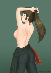 Rule 34 | 1girl, adjusting hair, arms up, ass, back, black hair, blush, breasts, brown eyes, female focus, from behind, green background, highres, inuyasha, katzueki, large breasts, legs, long hair, looking back, nipples, no bra, ponytail, sango (inuyasha), scar, shiny skin, signature, simple background, solo, standing, thighs, topless female