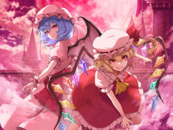Rule 34 | 2girls, ascot, bat wings, blonde hair, blue hair, closed mouth, cloud, collared shirt, commentary request, crystal, flandre scarlet, frilled shirt collar, frilled skirt, frills, full moon, grin, hair between eyes, hat, hat ribbon, highres, long hair, looking at viewer, looking back, mansion, moon, multiple girls, outdoors, pink hat, pink shirt, pink skirt, puffy short sleeves, puffy sleeves, re (re 09), red eyes, red moon, red ribbon, red skirt, red vest, remilia scarlet, ribbon, shirt, short sleeves, siblings, sisters, skirt, smile, touhou, v-shaped eyebrows, vest, white hat, white shirt, wings, wrist cuffs, yellow ascot