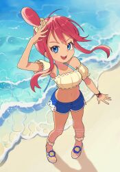 Rule 34 | 1girl, :d, beach, blue eyes, blue shorts, crop top, full body, highres, looking at viewer, moegi itsukashi, navel, nintendo, ocean, open mouth, outdoors, pokemon, pokemon masters ex, red hair, sandals, short hair with long locks, short shorts, shorts, sidelocks, skyla (pokemon), skyla (summer 2025) (pokemon), smile, solo, standing, teeth, upper teeth only