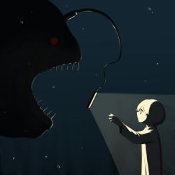 1boy anglerfish avogado6 bubble cellphone commentary fish open_mouth original phone reaching red_eyes sharp_teeth smartphone spotlight teeth usb