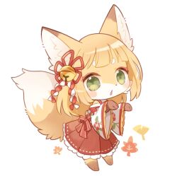 1girl bell blunt_bangs bow bow_skirt brown_fur chibi chibi_only detached_sleeves fennec_fox floral_print floral_print_sleeves flower_knot fox frilled_skirt frilled_sleeves frills furry green_eyes hair_bell hair_ornament hands_up jingle_bell light_blush long_hair long_skirt mismatched_eyebrows multicolored_fur okamori_kuo original outstretched_arms palmar_flexion parted_lips pleated_skirt red_bow red_skirt ribbon-trimmed_skirt ribbon_trim shirt short_eyebrows simple_background skirt sleeveless sleeveless_shirt solo swept_bangs tachi-e three_quarter_view triangle_mouth two-tone_tail white_background white_fur white_shirt white_sleeves wide_sleeves yellow_fur zombie_pose