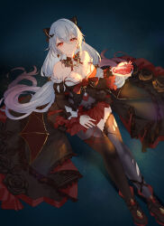 Rule 34 | 1girl, absurdres, bare shoulders, bat hair ornament, black bow, black collar, black dress, black pantyhose, bow, breasts, cleavage, closed mouth, collar, detached sleeves, dress, earrings, from above, hair between eyes, hair bow, hair ornament, highres, holding, honkai (series), honkai impact 3rd, jewelry, large breasts, long hair, looking at viewer, pantyhose, red eyes, red skirt, single leg pantyhose, single thighhigh, sitting, skirt, solo, theresa apocalypse, theresa apocalypse (luna kindred), theresa apocalypse (lunar vow: crimson love), thighhighs, thighs, torn clothes, torn thighhighs, very long hair, white hair, yichuanxue