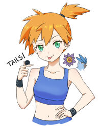 1girl :p articuno asymmetrical_hair bare_shoulders bikini blue_bikini blush breasts closed_mouth coin crop_top eyelashes gen_1_pokemon green_eyes gym_leader hair_tie hand_on_own_hip highres holding legendary_pokemon looking_at_viewer midriff misty_(pokemon) navel nintendo orange_hair pokemon pokemon_frlg pokemon_tcg pokemon_tcg_pocket ponytail senyamai shirt short_hair shorts side_ponytail sleeveless smile solo starmie swimsuit tank_top tongue tongue_out upper_body wristband