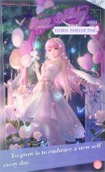 1girl arch artist_request balloon bare_shoulders bird birthday blue_butterfly blunt_bangs brooch brown_eyes bug butterfly card_(medium) character_name choker collarbone copyright_name dove dress english_text feet_out_of_frame floral_path_of_time_(shining_nikki) flower flower_brooch game_cg garden hair_flower hair_ornament hair_ribbon happy happy_birthday heart_balloon highres holding holding_wand insect jewelry lace_wrist_cuffs light_blush light_particles logo long_hair looking_at_viewer medium_dress night nikki_(nikki) nikki_(series) offering_hand official_art open_mouth outdoors outstretched_hand pantyhose petals pillar pink_flower pink_hair pink_rose pom_pom_(clothes) pom_pom_hair_ornament ribbon rose rose_petals shining_nikki smile solo standing strapless strapless_dress third-party_source tress_ribbon very_long_hair wand white_choker white_dress white_flower white_pantyhose white_ribbon white_rose white_wrist_cuffs wrist_cuffs