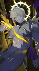 1boy abs alternate_form asymmetrical_wings bare_pectorals black_background black_shirt black_wings blonde_hair bulge chinese_commentary commentary commentary_request cowboy_shot cracked_skin english_commentary hair_between_eyes halo halo_behind_head highres honkai:_star_rail honkai_(series) large_pectorals looking_at_viewer male_focus material_growth mixed-language_commentary muscular muscular_male pectorals phainon_(honkai:_star_rail) rai11iy shirt short_hair simple_background solo torn_clothes torn_shirt wings yellow_blood yellow_eyes yellow_wings