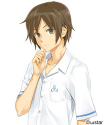1boy bishoujo_mangekyou bishoujo_mangekyou:_wasurenagusa_to_eien_no_shoujo bishoujo_mangekyou_(series) blouse brown_hair child hand_on_own_chin happoubi_jin kanzaki_akihito lowres male_focus official_art shirt simple_background solo tachi-e white_background white_shirt