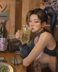 1girl alcohol bag beer beer_mug black_hair black_shirt blue_jacket bottle breasts clothes_lift cup earrings grey_eyes handbag highres hoo_bamon jacket jewelry k/da_(league_of_legends) k/da_kai&#039;sa kai&#039;sa large_breasts league_of_legends looking_at_viewer mug nipple_stimulation nipple_tweak ponytail pov realistic restaurant sake_bottle shirt shirt_lift