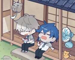 2boys :d ^_^ aoyama_kazuki black_pants black_shoes blue_hair closed_eyes collared_shirt commentary_request electric_fan food grey_hair grey_shoes hair_between_eyes holding holding_food korean_commentary liam1234_d male_focus multiple_boys necktie open_mouth orange_cat otori_ojirou pants popsicle porch rectangular_mouth school_uniform shaved_ice shirt shoes sitting smile sweat tribe_nine white_shirt
