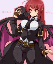 Rule 34 | 1girl, arcana heart, bat wings, belt, black necktie, black vest, blazblue, breasts, clarice di lanza, closed eyes, cosplay, covered erect nipples, crossover, demon girl, formal clothes, hat, hazama, hazama (cosplay), necktie, outline, pink outline, pointy ears, puchi-pochi, red hair, solo, vest, wings