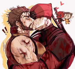 ! !! 2boys beard blood blood_on_clothes blood_on_face bloody_weapon blush bodysuit brown_hair chibi claw_(weapon) commentary couple deadpool deadpool_&amp;_wolverine deadpool_(series) english_commentary facial_hair green_eyes hand_on_another&#039;s_neck highres holding_hands katana kinzlev kiss large_pectorals male_focus marvel marvel_cinematic_universe mask mask_lift mature_male multiple_boys muscular muscular_male pectorals red_bodysuit red_mask scar scars_all_over short_hair sleeveless superhero_costume sword too_many veins veiny_arms weapon weapon_on_back wolverine_(x-men) x-men yaoi yellow_bodysuit