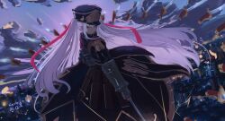 1girl altair_(re:creators) arm_behind_back armband belt_bag black_coat black_dress building city cloud coat commentary_request dawn dress epaulettes floating floating_object floating_sword floating_weapon gauntlets gold_trim hair_ribbon hat highres holding holding_sword holding_weapon light_smile long_hair looking_at_viewer looking_to_the_side military_uniform re:creators red_eyes red_ribbon ribbon shako_cap sidelocks sky solo sword turning_head twintails two-tone_armband very_long_hair weapon white_hair wiersa