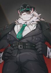 1boy animal_ears bara black_coat black_hat black_pants black_shirt blush bulge closed_mouth coat dislyte furry furry_male gloves green_necktie hands_on_own_hips hat highres jin_qiu_(ru_shou)_(dislyte) looking_at_viewer looking_down male_focus mikky necktie pants shirt smile sunglasses tiger_boy tiger_ears tiger_stripes white_fur white_shirt