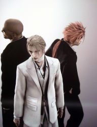 00s 1990s_(style) 3boys 3d bald bandages blonde_hair dark_skin final_fantasy final_fantasy_vii final_fantasy_vii_advent_children formal_clothes highres male_focus multiple_boys official_art ponytail red_hair reno_(ff7) retro_artstyle rude_(ff7) rufus_shinra suit sunglasses turks_(ff7)
