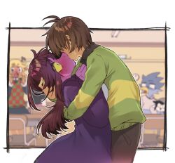 1boy 1other 3girls antenna_hair antlers berdly_(deltarune) bird_boy black_eyes black_shirt black_skirt blank_eyes blonde_hair blurry blurry_background blush border breasts brown_hair brown_pants catti_(deltarune) chair checkered_clothes checkered_sweater_vest clock coat collared_shirt colored_sclera colored_skin commentary_request cowboy_shot deer_antlers deer_girl deltarune desk face-to-face facing_another freckles french_kiss from_side furry furry_female furry_male furry_with_non-furry green_sweater green_sweater_vest hand_on_another&#039;s_head highres horns hug indoors interspecies kiss komugiko_(bitte_komu) kris_(deltarune) large_breasts long_hair long_sleeves looking_at_another multiple_girls noelle_holiday open_clothes open_coat open_mouth other_with_female outline outside_border pants pink_skin profile purple_coat raised_eyebrows red_sweater_vest school_chair school_desk shirt short_hair skirt standing striped_clothes striped_sweater surprise_kiss surprised susie_(deltarune) sweatdrop sweater sweater_vest temmie tongue two-tone_sweater two-tone_sweater_vest wall_clock white_border white_outline white_shirt wide-eyed yellow_sclera yellow_skin yellow_sweater