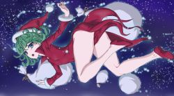Rule 34 | 1girl, bag, bare legs, blue eyes, christmas, curly hair, dress, female focus, flying, green hair, hat, legs, looking at viewer, no panties, okiyumi kase, one-punch man, open mouth, pelvic curtain, red dress, sack, santa hat, short hair, solo, tatsumaki
