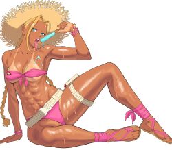 1girl abs bikini blonde_hair blue_eyes braid cammy_white food hat highres holding holding_food holding_popsicle looking_at_viewer low_twin_braids lying melting melting_popsicle muscular muscular_female octavius_(octavius_dp) official_alternate_costume on_side open_mouth phallic_symbol pink_bikini popsicle sexually_suggestive sitting solo straw_hat street_fighter street_fighter_6 sweat swimsuit tan tanline toned toned_female twin_braids very_sweaty