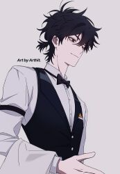 Rule 34 | 1boy, alternate costume, artist name, black bow, black bowtie, black eyes, black hair, black vest, bow, bowtie, cheng xiaoshi, closed mouth, collared shirt, grey background, hair between eyes, long sleeves, male focus, messy hair, mrsseven745, ponytail, shiguang dailiren, shirt, short hair, short ponytail, simple background, smile, solo, traditional bowtie, upper body, vest, waiter, white shirt