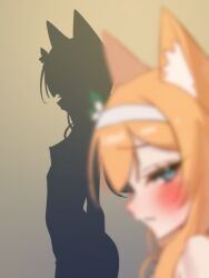 1girl absurdres agnamore animal_ear_fluff animal_ears blue_archive blue_eyes blurry blurry_foreground blush breasts cat_ears closed_mouth from_side hairband highres implied_nudity long_hair looking_at_viewer looking_to_the_side mari_(blue_archive) orange_hair shadow small_breasts solo white_hairband