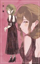 1girl 965ma_mogumogu absurdres ahoge black_dress black_shoes border braid brown_hair clothing_cutout color_guide commentary dress earrings eyelashes from_behind full_body glitter_dress hair_over_shoulder half_updo high_heels highres idolmaster idolmaster_shiny_colors jewelry kuwayama_chiyuki light_blush long_hair looking_at_viewer looking_back official_alternate_costume pink_background profile shoes shoulder_blades shoulder_cutout single_braid smile solo upper_body wristband zoom_layer