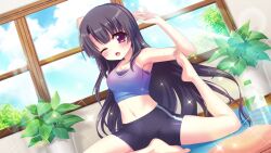 1girl armpits bare_arms bare_legs bare_shoulders barefoot bike_shorts black_hair black_shorts blue_sky bottle breasts cleavage cloud cloudy_sky crop_top day dot_nose dutch_angle film_grain game_cg ichikishima_mizuha indoors izumi_tsubasu large_breasts lens_flare long_hair midriff navel non-web_source official_art on_floor one_eye_closed open_mouth petite plant potted_plant purple_eyes purple_sports_bra purple_tank_top re:stage! shorts single_vertical_stripe sky solo sparkle sports_bra straight_hair sunlight sweat tank_top towel very_long_hair water_bottle white_stripes window wooden_floor yoga yoga_mat