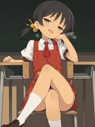 1girl black_hair blush brown_eyes chair classroom desk efbell hair_ornament highres kaai_yuki kneehighs long_hair looking_at_viewer open_mouth pleated_skirt school_chair school_desk school_uniform shirt shoes short_hair short_sleeves sitting skirt smile socks solo twintails vocaloid white_shirt