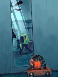 1other bed birdcage black_pants cage ceiling_fan cellphone commentary deltarune english_commentary full-length_mirror green_sweater heart highres holding holding_phone hunched_over kris_(deltarune) mirror other_focus pants phone photo-referenced pnchbowl shelf signature smartphone solo sweater toy_wagon window