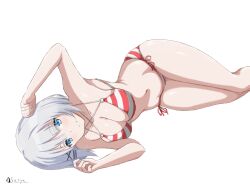 1girl arm_up armpits artist_name bikini blue_eyes blush breasts cleavage closed_mouth collarbone commentary_request hair_between_eyes hair_ornament hairclip hands_up highres large_breasts light_blush looking_at_viewer lying navel official_alternate_costume on_side red_stripes satya short_hair siesta_(tantei_wa_mou_shindeiru) simple_background smile solo stomach striped_bikini striped_clothes swimsuit tantei_wa_mou_shindeiru thighs white_background white_hair x_hair_ornament