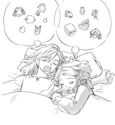 1boy 1girl arm_around_shoulder bottle closed_eyes couple drooling food frog greyscale hetero horse image_in_thought_bubble light_blush link long_sleeves meat medium_hair monochrome mouth_drool nintendo open_mouth opleillle parted_bangs parted_lips pillow pointy_ears princess_zelda puffy_long_sleeves puffy_sleeves short_hair sidelocks sketch smile the_legend_of_zelda the_legend_of_zelda:_tears_of_the_kingdom under_covers upper_body