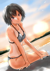 1girl amagami bare_arms bare_shoulders beach bikini black_bikini black_hair blush breasts brown_eyes dutch_angle evening female_focus gradient_sky looking_at_viewer medium_breasts murasaki_iro nanasaki_ai ocean on_ground one-piece_tan outdoors parted_lips revision short_hair sitting sky smile solo striped_bikini striped_clothes sun sunlight swimsuit tan tanline vertical-striped_bikini vertical-striped_clothes water yokozuwari