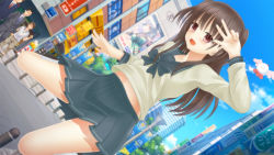 Rule 34 | 1girl, brown eyes, brown hair, day, hiba airi, hosi-gaki, long hair, open mouth, original, outdoors, pleated skirt, road, roshutsu-kei mahou shoujo lovely lily, school uniform, serafuku, shitou (4h), skirt, solo focus, street