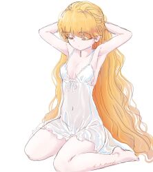 1girl armpits arms_behind_head artist_name barefoot blonde_hair closed_eyes closed_mouth covered_navel expressionless junko_(touhou) long_hair nightgown s-a-murai sitting solo thighs touhou very_long_hair wariza white_nightgown