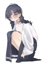 1girl antenna_hair arms_at_sides black_hair black_skirt blue-tinted_eyewear blue_eyes braid bright_pupils brown_choker choker closed_mouth commentary ear_piercing earrings expressionless fingernails from_side full_body head_tilt highres jewelry kamatpit long_fingernails long_hair long_skirt long_sleeves looking_at_viewer looking_to_the_side low_twin_braids original piercing puffy_long_sleeves puffy_sleeves raised_eyebrows round_eyewear shirt simple_background skirt sleeves_past_wrists solo squatting sunglasses swept_bangs thick_eyelashes tinted_eyewear turning_head twin_braids white_background white_pupils white_shirt zipper zipper_skirt