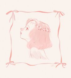 1girl blush eyelashes flower flower_wreath head_wreath highres lips looking_up medium_hair monochrome nose_blush oka-easelandshiro original parted_lips pink_theme portrait profile ribbon solo