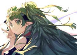 1girl absurdres amef closed_mouth commentary_request fire_emblem fire_emblem:_three_houses floating_hair green_eyes green_hair highres long_hair looking_at_viewer nintendo pointy_ears simple_background smile solo sothis_(fire_emblem) two_side_up v very_long_hair white_background