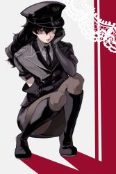 1boy amamiya_ren black_boots black_gloves black_hair black_jacket black_necktie black_pantyhose black_skirt boots closed_mouth collared_shirt crossdressing elbow_gloves eyelashes full_body gloves grey_background grey_eyes hair_between_eyes hand_up hat highres jacket lips long_hair looking_at_viewer male_focus miniskirt necktie pantyhose peaked_cap pencil_skirt persona persona_5:_dancing_star_night persona_dancing police police_hat police_uniform red_background saichuu_(more1208) shirt short_sleeves skirt smile solo squatting trap two-tone_background wavy_hair
