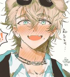 ! !! 1boy animal_ears aqua_eyes arknights black_vest blonde_hair blue_shirt blush collared_shirt dog_boy dog_ears dot_nose dr_janglong earrings eyewear_on_head hair_between_eyes jewelry male_focus multiple_earrings neck_blush necklace nervous_sweating open_mouth piercing shirt spoken_exclamation_mark sunglasses sweat tequila_(arknights) upper_body vest white_background wing_collar