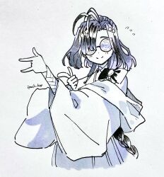 Rule 34 | 1girl, age nasuo, ahoge, braid, coke-bottle glasses, fate/grand order, fate (series), flower, glasses, hair flower, hair ornament, highres, long hair, ono no komachi (fate), smile, tsuki ni kawatte oshioki yo, wide sleeves