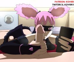 2025 animated animated_gif boku_no_hero_academia bored breast_press breasts costume distracted gloves handjob haneyama_kazuho kovier large_breasts large_penis patreon patreon_username penis people pink_hair twitter twitter_username vigilante_-boku_no_hero_academia:_illegals- watermark